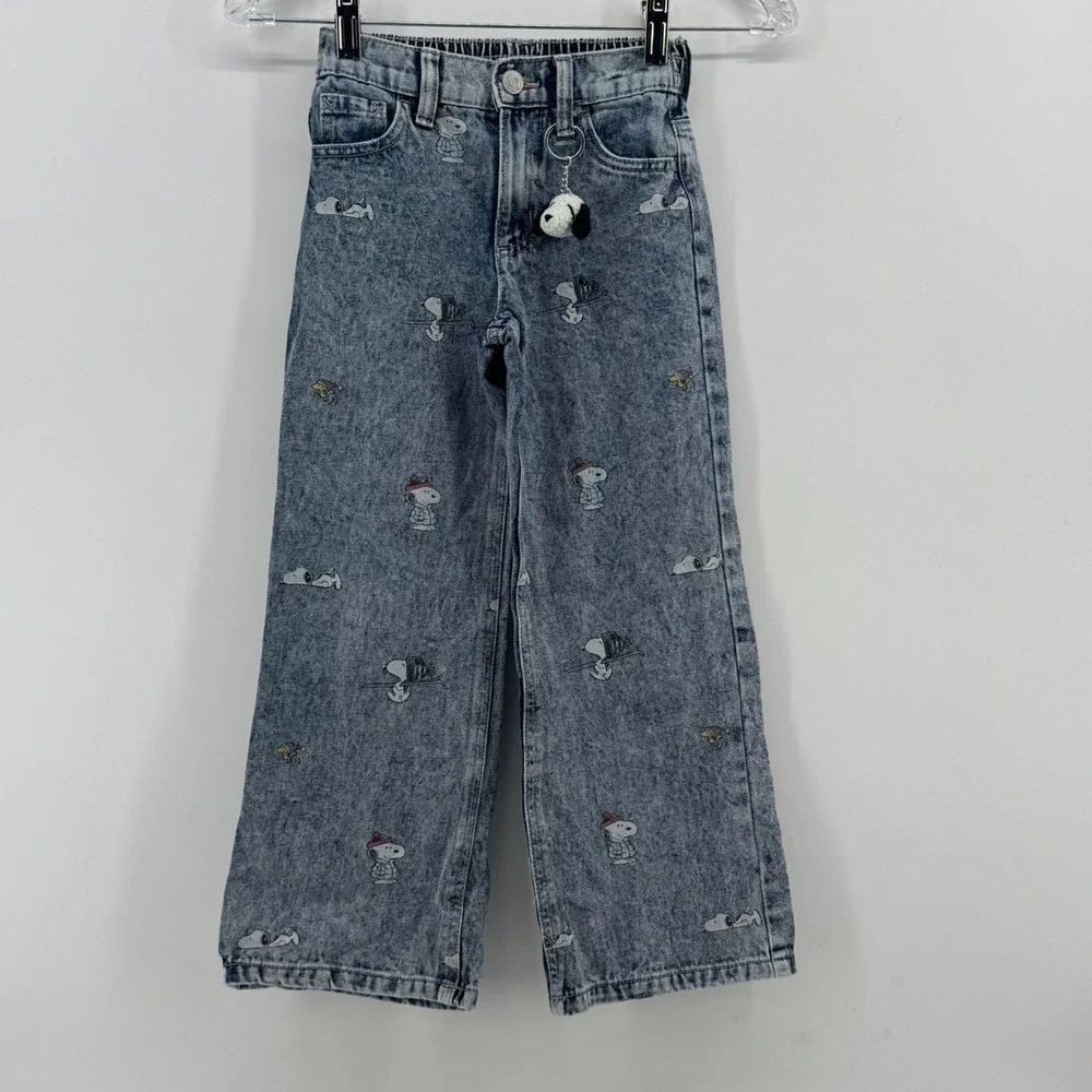 Justice Girls Peanuts Snoopy Wide Leg Acid Wash Jeans‎ Light Blue Size 6 460781